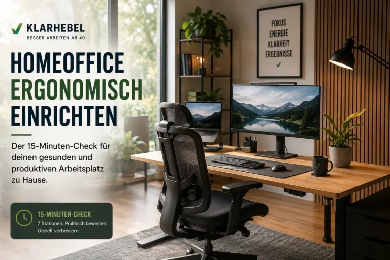 Ergonomisch eingerichtetes Homeoffice mit Bürostuhl, höhenverstellbarem Schreibtisch und Monitor