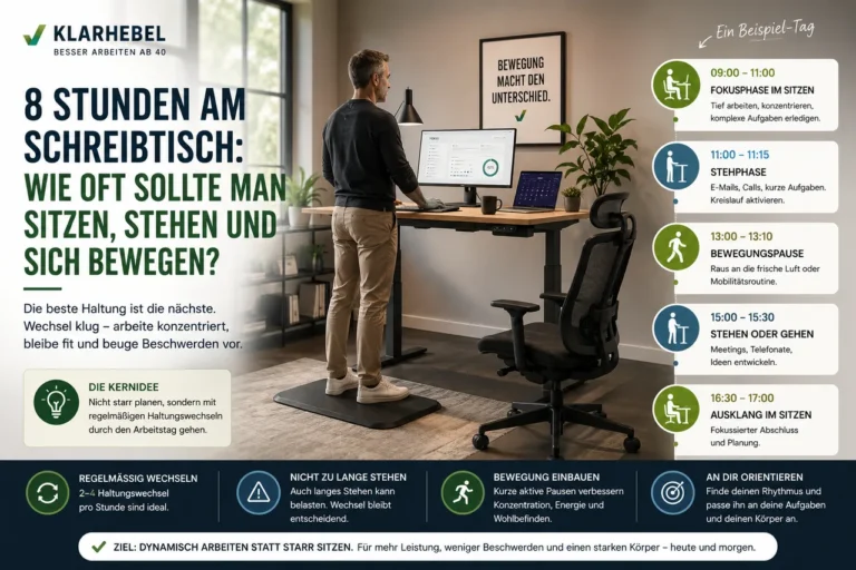Büroarbeiter an höhenverstellbarem Schreibtisch – Sitzen, Stehen und Bewegung über den Arbeitstag verteilen
