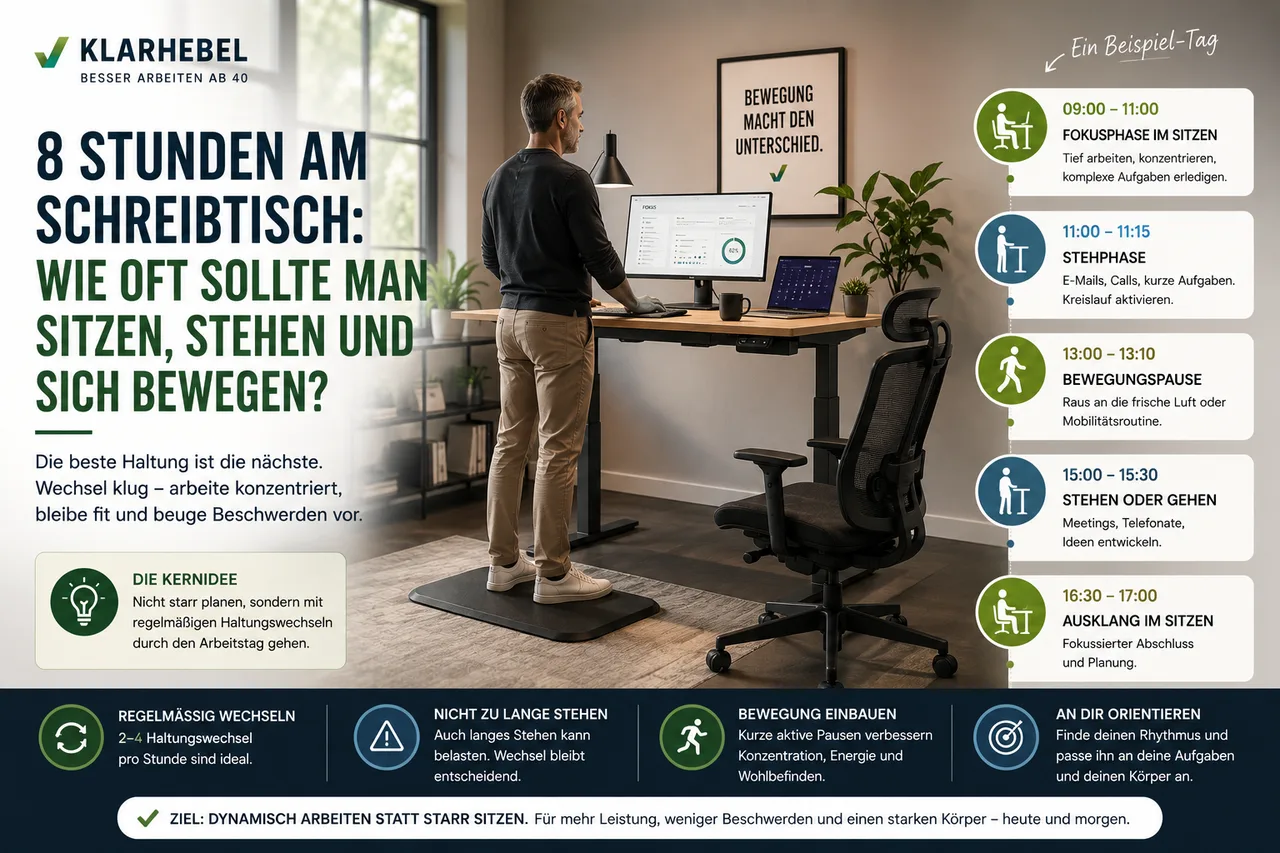 Büroarbeiter an höhenverstellbarem Schreibtisch – Sitzen, Stehen und Bewegung über den Arbeitstag verteilen