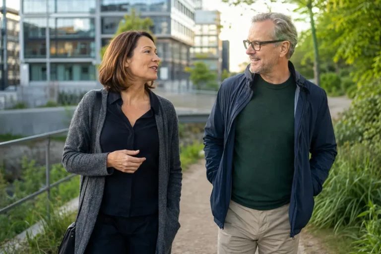 Zwei Berufstätige gehen nach Feierabend im Grünen spazieren