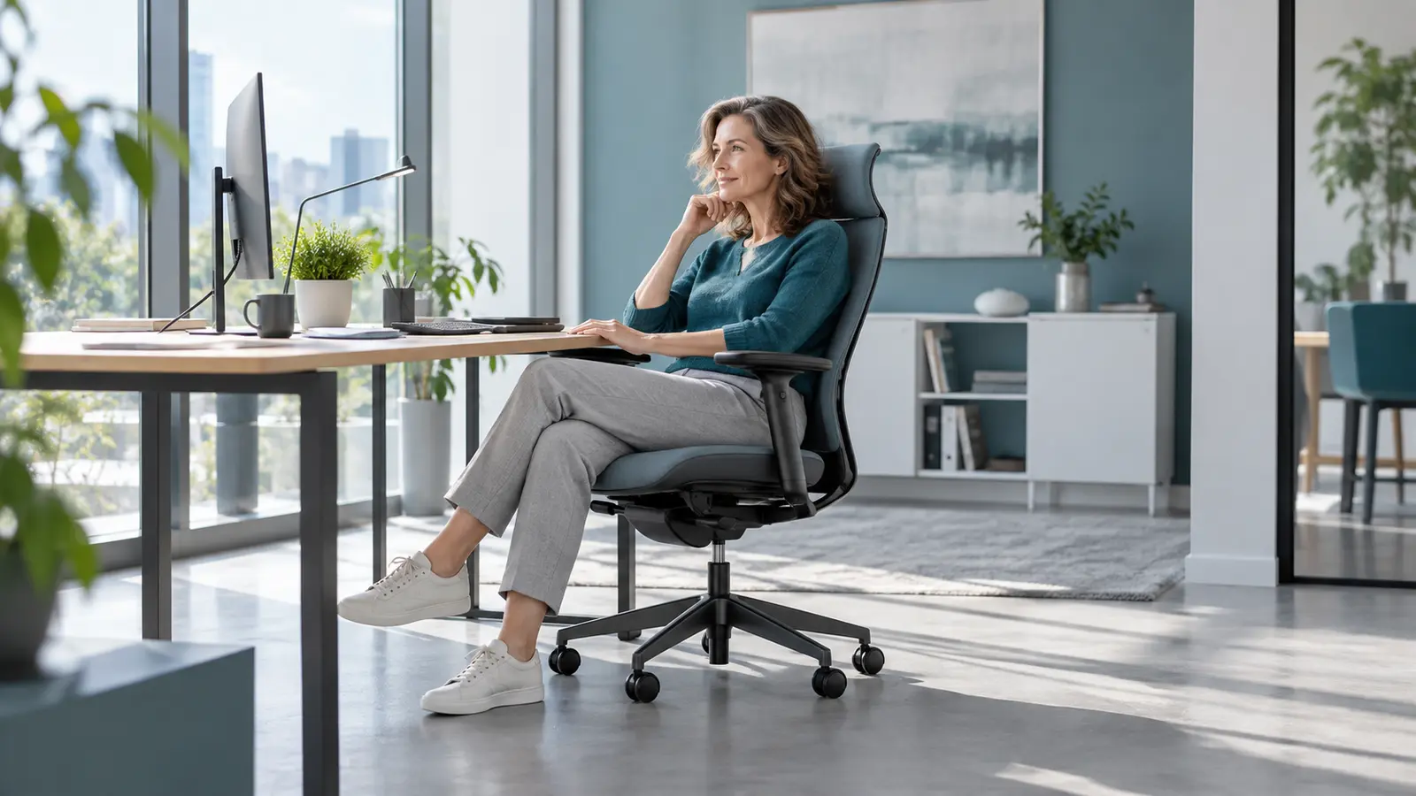 Ergonomischer Bürostuhl für langes Sitzen an einem modernen Bildschirmarbeitsplatz