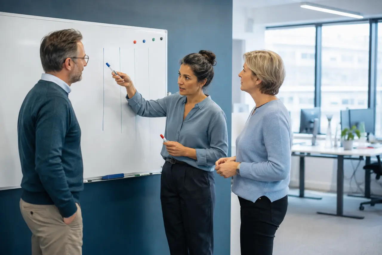 Büroteam stimmt ruhige Arbeitszeiten an einem Tisch ab
